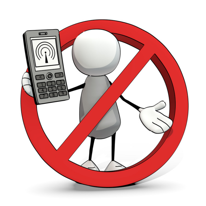 Señal de prohibido teléfono móvil con monigote sujetando un teléfono encendido y el símbolo wifi en la pantalla