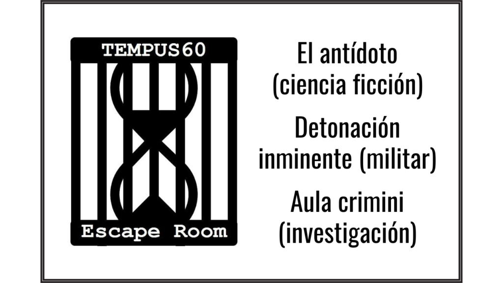 Logo de Tempus 60 escape room y nombre de las salas actualmente abiertas