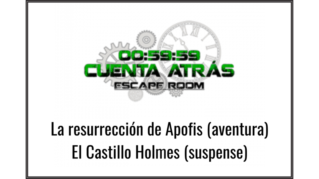 Logo de Cuenta atrás escape room y nombre de las salas actualmente abiertas